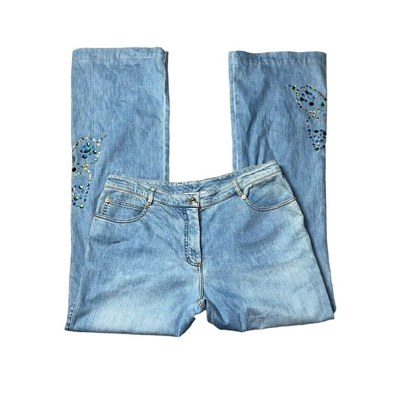St John Couture Bootcut Embellished Butterfly Studded Jeweled Denim Jeans 14
